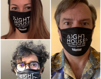 Composite photo of volunteers Alex, Gaurav and Mike wearing LightHouse branded masks