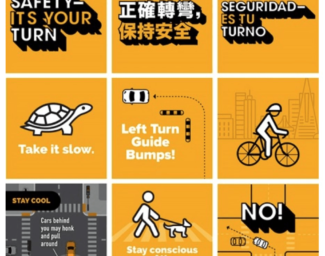The SFMTA Safety — It’s Your Turn graphic in English, Spanish and Chinese
