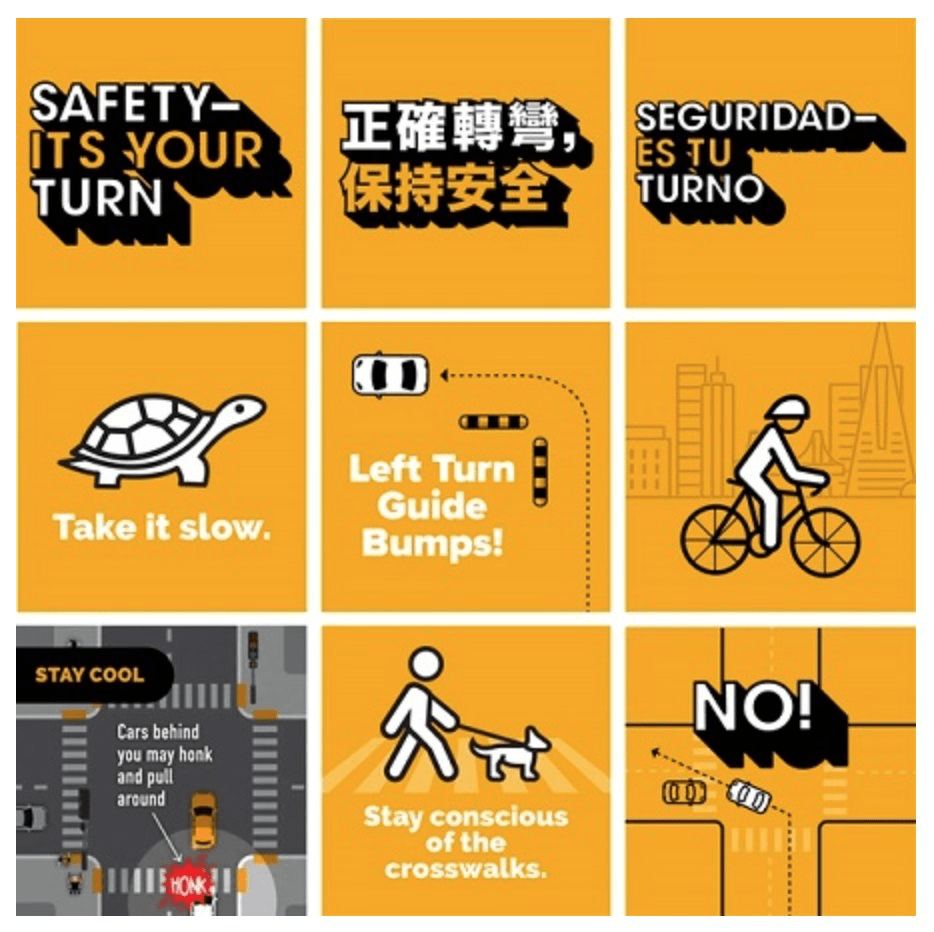 The SFMTA Safety — It’s Your Turn graphic in English, Spanish and Chinese