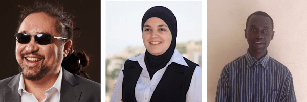 A composite photo of 2019 Holman Prizewinners Yuma Decaux, Mona Minkara and Alieu Jaiteh