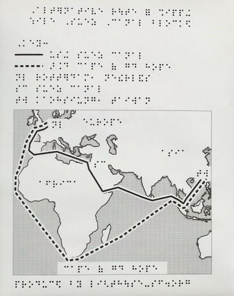 A tactile map with braille of the shipping route using the Suez Canal and an alternate route around Cape of Good Hope