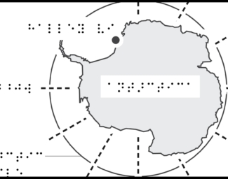 Tactile map of Antarctica with Longitude lines and braille labels.