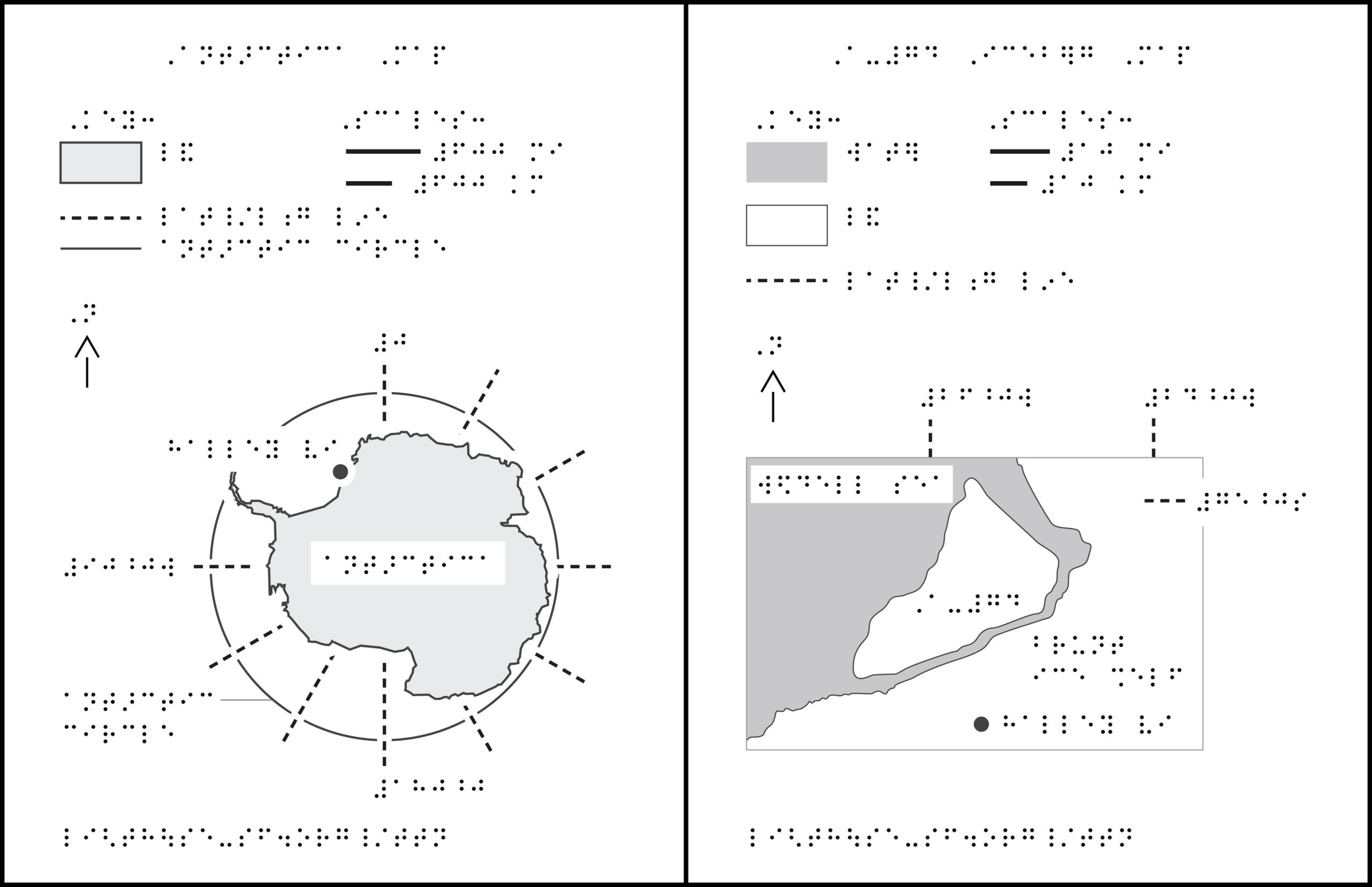 Map of antarctica with braille labels, detail map of Antarctica and iceberg with braille labels.