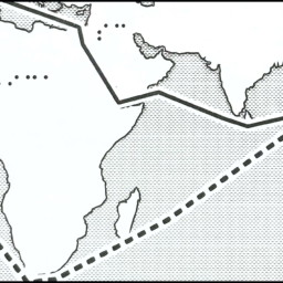 Detail map of route through Suez Canal and route around Africa.