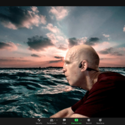 A Zoom image of Chris rowing with the English Channel as a virtual background