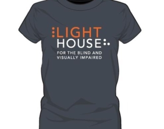 A charcoal gray short sleeved t-shirt with the orange and white LightHouse logo on the front center