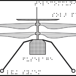 Mars helicopter tactile graphic with braille labels, front view with two legs, fuselage, and 2 sets of rotors.