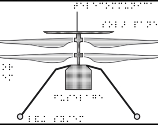 Mars helicopter tactile graphic with braille labels, front view with two legs, fuselage, and 2 sets of rotors.