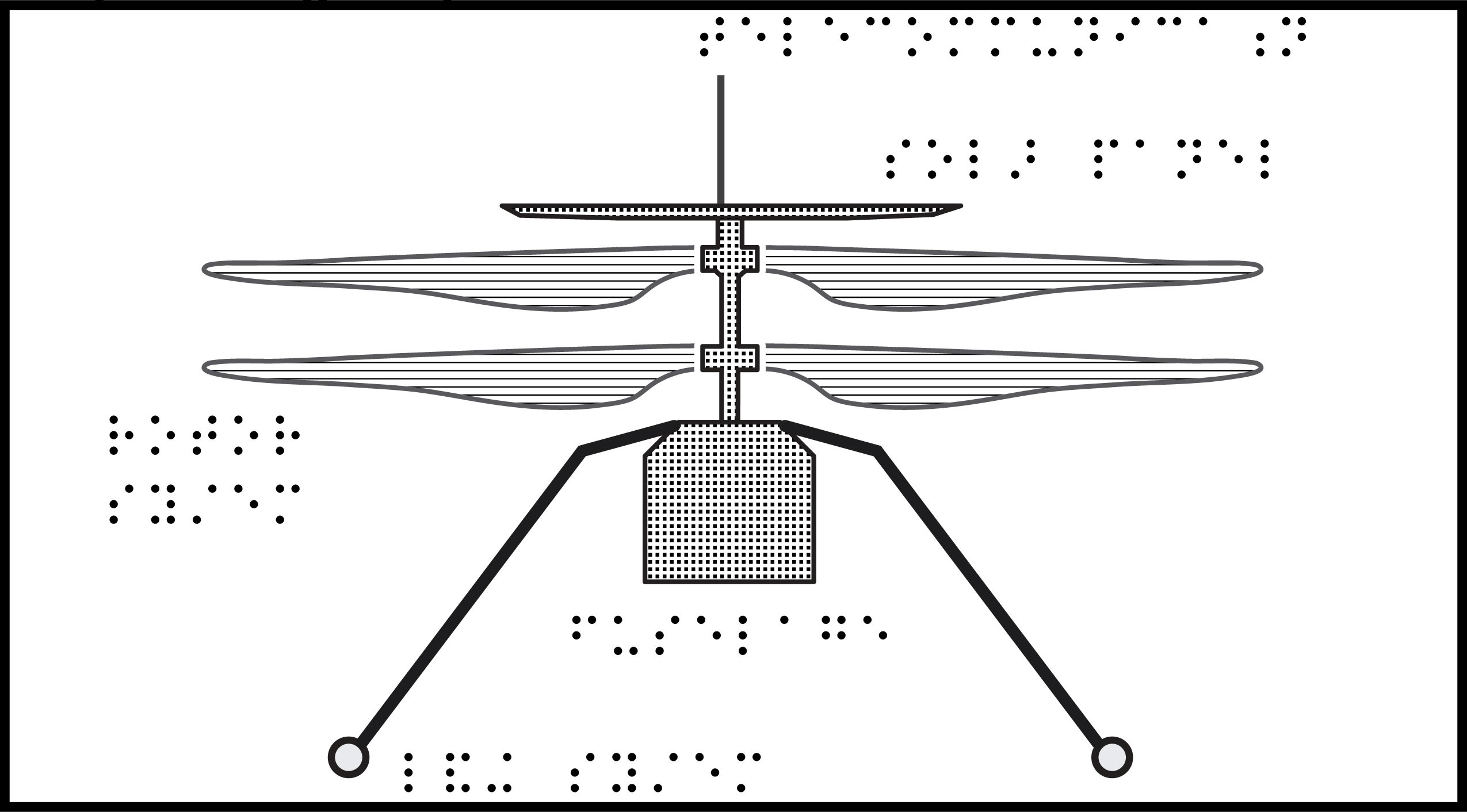 Mars helicopter tactile graphic with braille labels, front view with two legs, fuselage, and 2 sets of rotors.