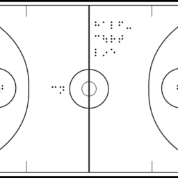 Illustration of a basketball court with braille labels