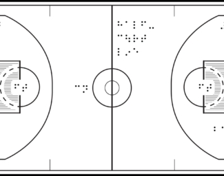 Illustration of a basketball court with braille labels