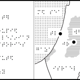 Cropped map of Gaza and West Bank with braille labels on right, keyed items on left.