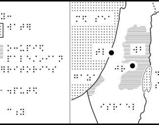 Cropped map of Gaza and West Bank with braille labels on right, keyed items on left.