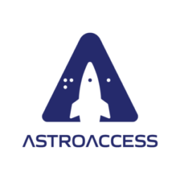 The AstroAccess logo, a white rocket inside of a blue triangle. It looks like a stylized letter A. In the logo, braille spells out FAA