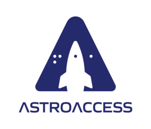 The AstroAccess logo, a white rocket inside of a blue triangle. It looks like a stylized letter A. In the logo, braille spells out FAA