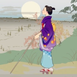 Superfest Flight Paths A digitally animated drawing of a blind Japanese woman walking in an open landscape from the film Flight Paths