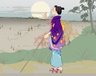 A digitally animated drawing of a blind Japanese woman walking in an open landscape from the film Flight Paths