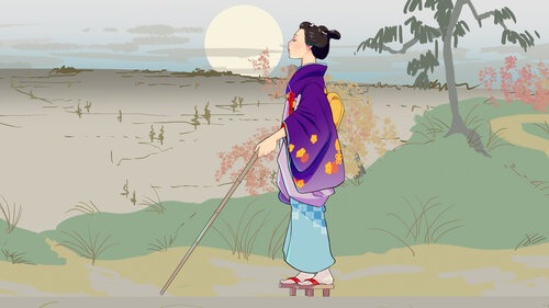 A digitally animated drawing of a blind Japanese woman walking in an open landscape from the film Flight Paths