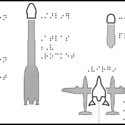 Four space vehicles, each with different shaped rockets and crew capsules, with braille labels.