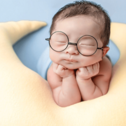 An infant, wearing glasses, who is falling asleep with his head raised, leaning on his arms on top of a moon-shaped pillow