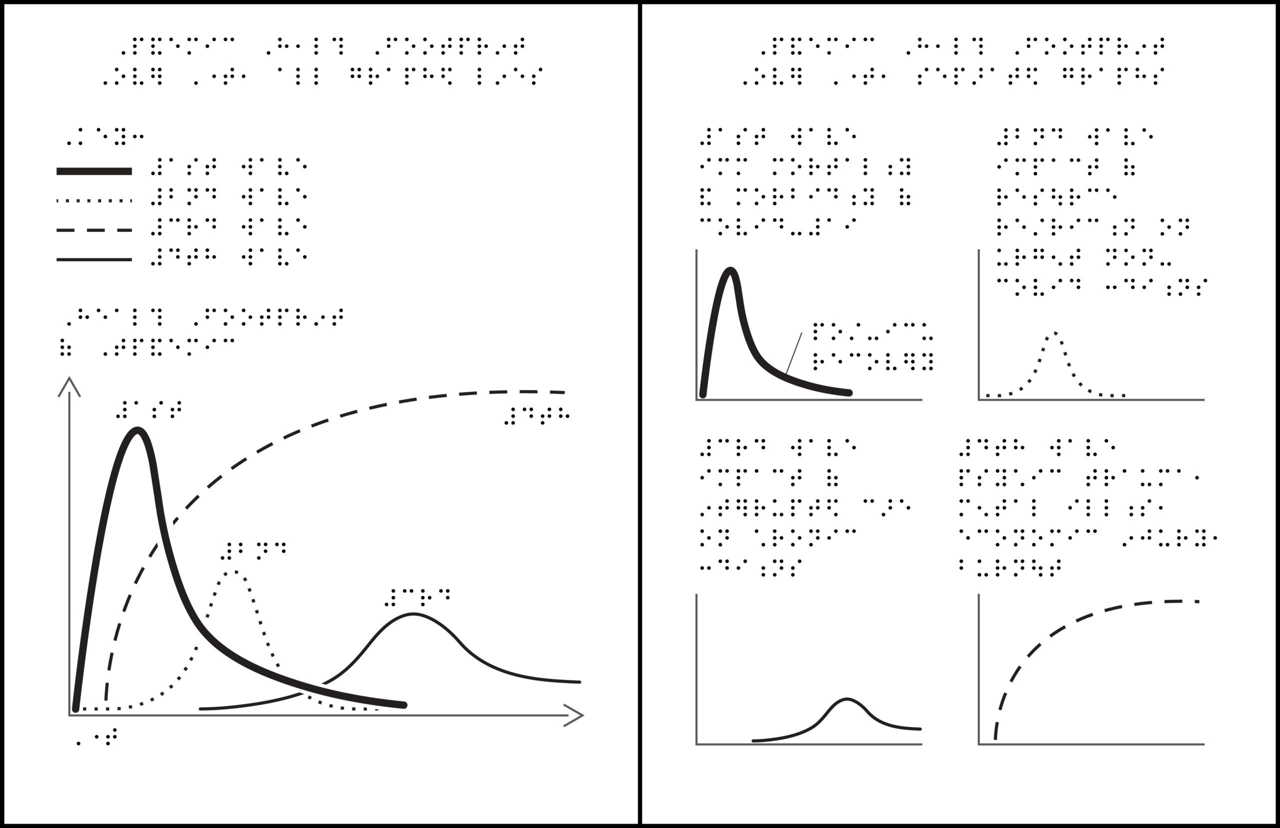 2 pages side-by-side. Left is a graph with 4 overlapping lines, with braille labels. Right is 4 graphs with braille labels.