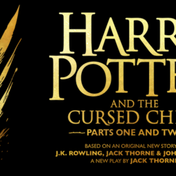 HP A back background with the text "Harry Potter and the Cursed Child parts one ad two / Based on an original new story by J.K. Rowling, Jack Thorne & John Tiffany / A new play by Jack Thorne" in gold. There is a gold feather to the left of the text.