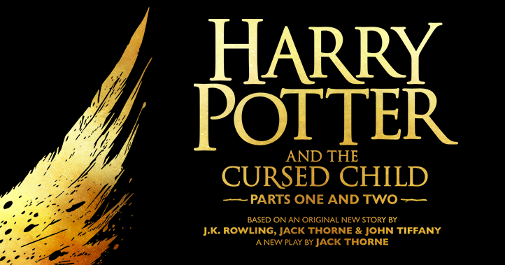 A back background with the text "Harry Potter and the Cursed Child parts one ad two / Based on an original new story by J.K. Rowling, Jack Thorne & John Tiffany / A new play by Jack Thorne" in gold. There is a gold feather to the left of the text.
