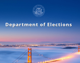 The seal of the city/county of San Francisco above the words "San Francisco Department of Elections", both overlaid on an image of the Golden Gate Bridge