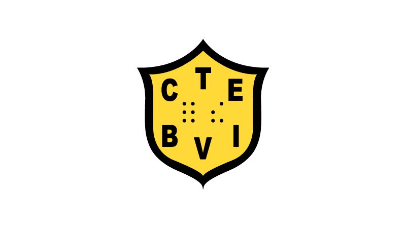 CTEBVI yellow shield logo features print letter "CTE" at the top, braille contractions reading "for the" in the middle, and "BVI" in print letters at the bottom
