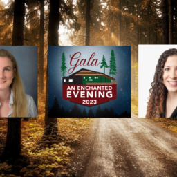 Redwood trees at EHC with a photo of Kathryn Webster, the LightHouse Gala logo, and Laura Allen
