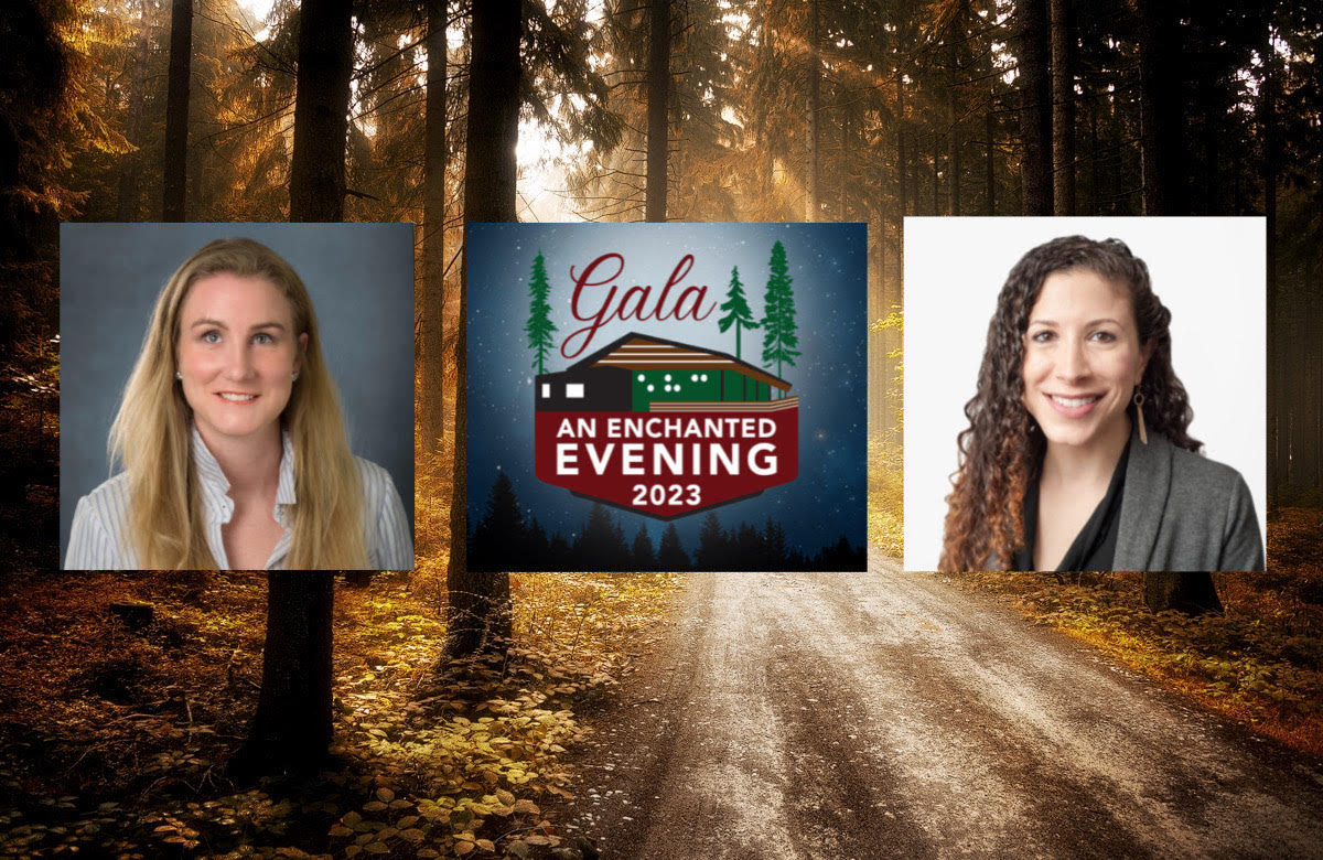 Redwood trees at EHC with a photo of Kathryn Webster, the LightHouse Gala logo, and Laura Allen
