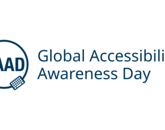 A logo with a white background and blue text. The acronym GAAD surrounds an enclosed circle. A keyboard is part of the line of the enclosed circle. Text reads Global Accessibility Awareness Day on the right.