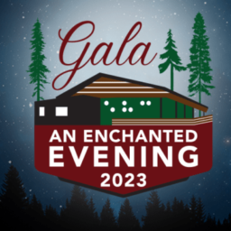 A drawing of a cabin surrounded by redwood trees. Print says “Gala, An Enchanted Evening 2023”. On the cabin, are the letters “EHC” in Braille