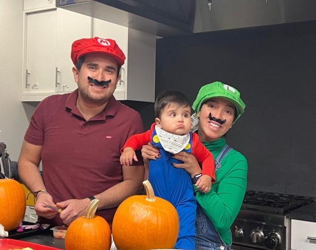 Mom Jenni, Little Learner Max and dad dressed as Super Mario Brothers for Halloween