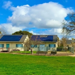 EBC Campus - Four class-room sized yellow buildings surrounded by grass, greenery, and trees