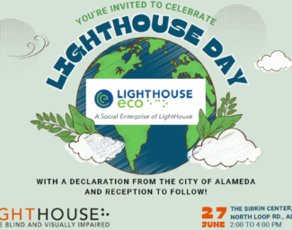 The invitation to LightHouse Day 2024: A drawing of a globe nestled between two small clouds with branches peeking out the top of the clouds. On the globe is a white text box with the LightHouse ECO logo. Text on the invitation gives details about where and when LightHouse Day is.