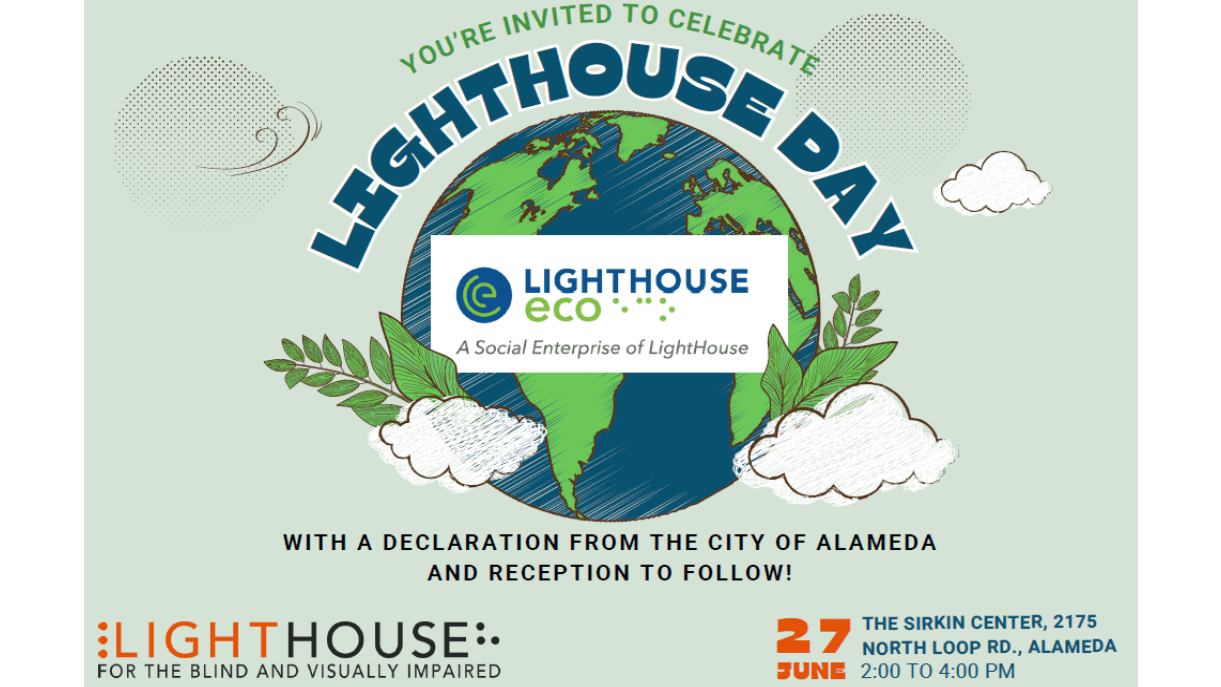 The invitation to LightHouse Day 2024: A drawing of a globe nestled between two small clouds with branches peeking out the top of the clouds. On the globe is a white text box with the LightHouse ECO logo. Text on the invitation gives details about where and when LightHouse Day is.