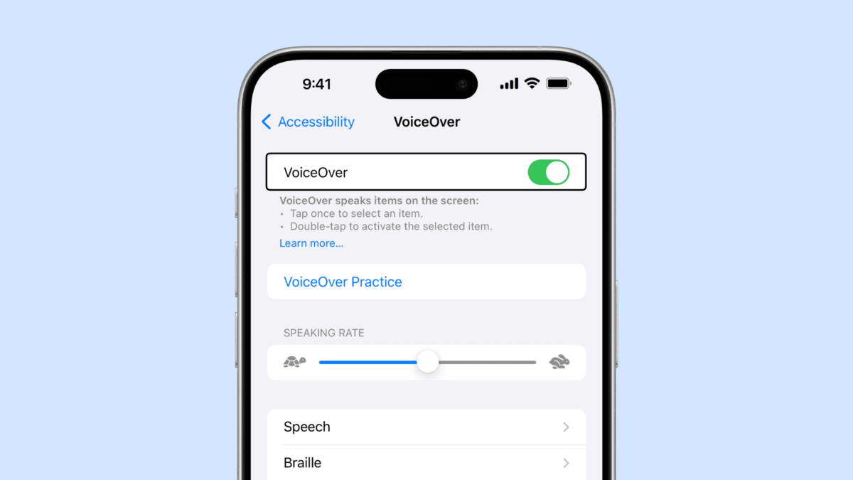 An iPhone with the VoiceOver settings open